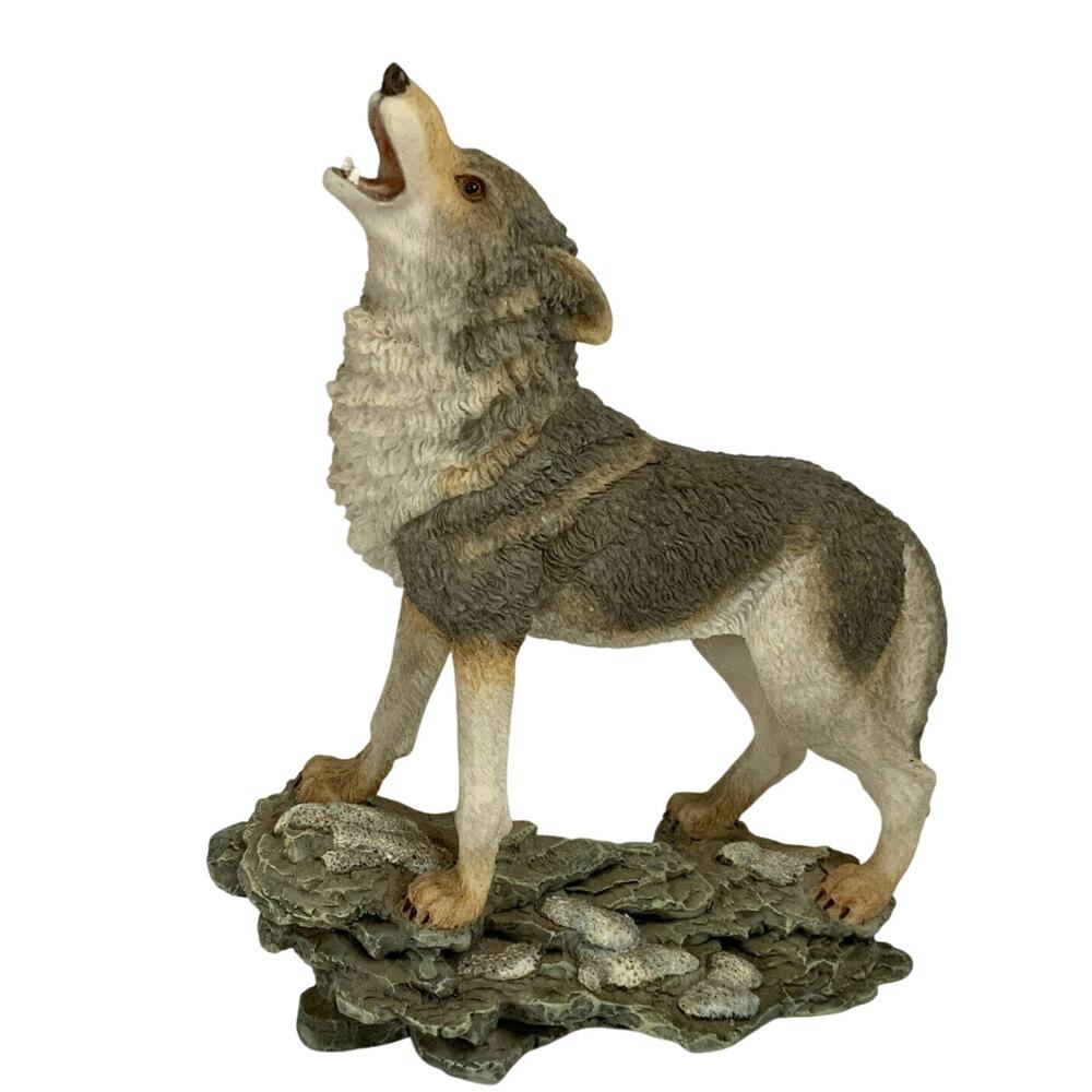 Howling Wolf Figurine Standing on Rock Edge Resin Totem/Spirit Decor 7" Tall